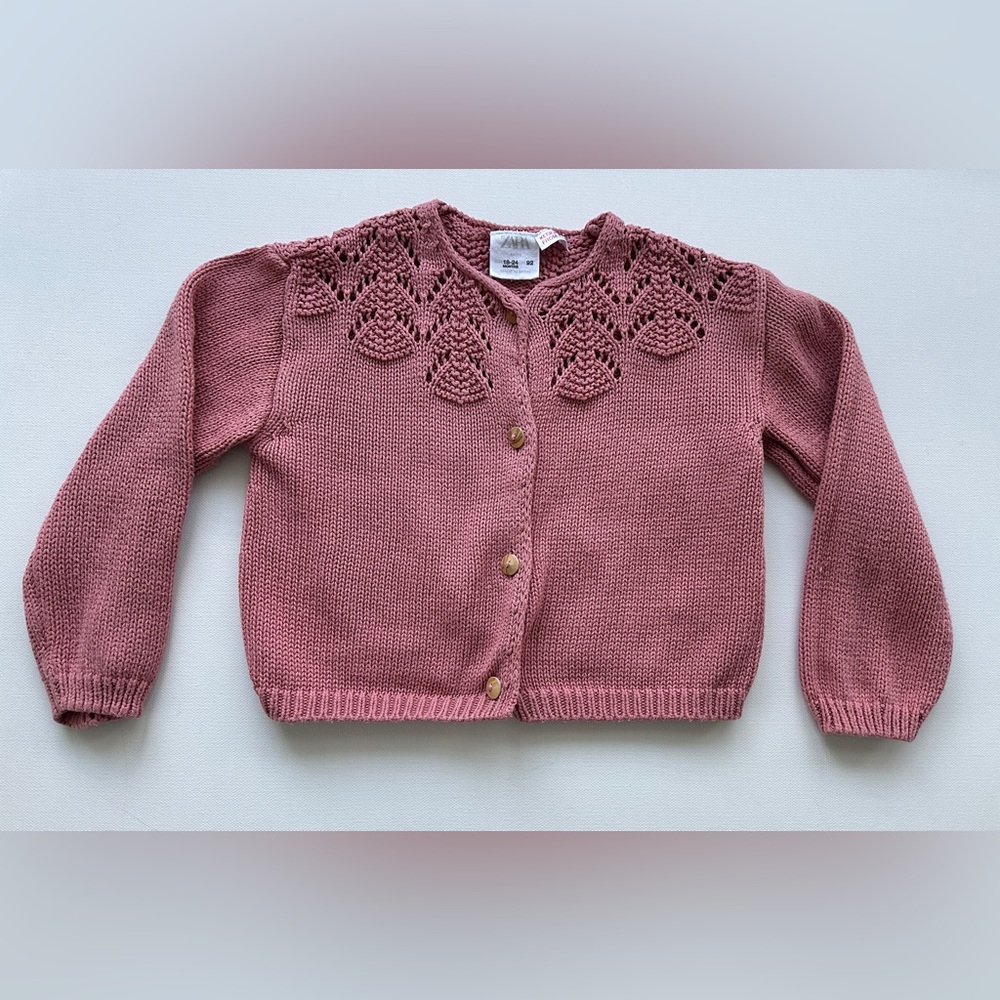Zara girl’s Pink Cardigan with Lace Detail and Ribbed Edging. Size 18-24M.